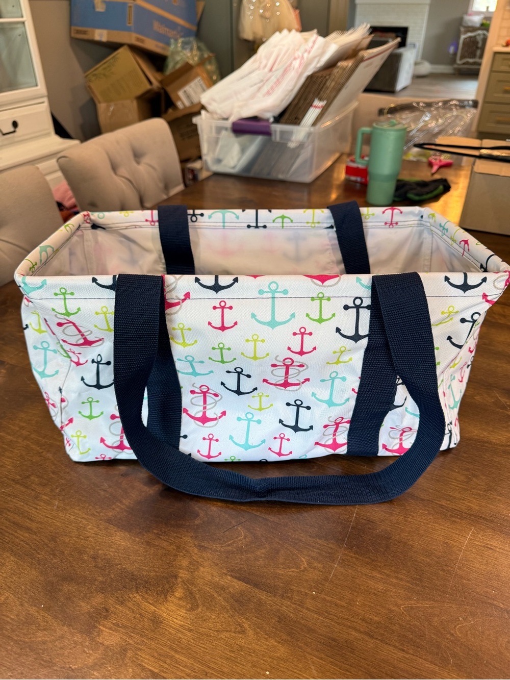 thirty-one Multicolor Anchor Print Medium Utility Tote with Navy Handles
